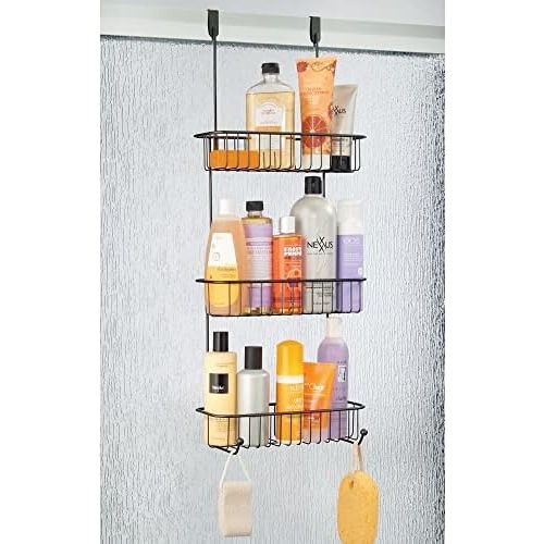  mDesign Extra Large Metal Over Shower Door Caddy, Hanging Bathroom Storage Organizer Center with Built-in Hooks and Baskets on 3 Levels for Shampoo, Body Wash, Loofahs - Black