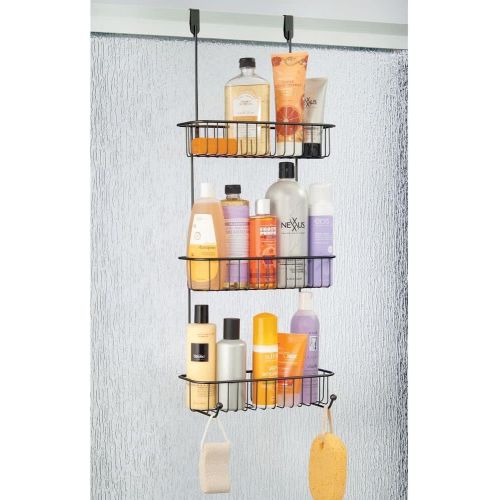  mDesign Extra Large Metal Over Shower Door Caddy, Hanging Bathroom Storage Organizer Center with Built-in Hooks and Baskets on 3 Levels for Shampoo, Body Wash, Loofahs - Black