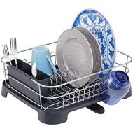mDesign Large Kitchen Countertop, Sink Dish Drying Rack with Removable Cutlery Tray and Drainboard with Adjustable Swivel Spout - 3 Pieces, Silver Wire/Black Plastic Cutlery Caddy