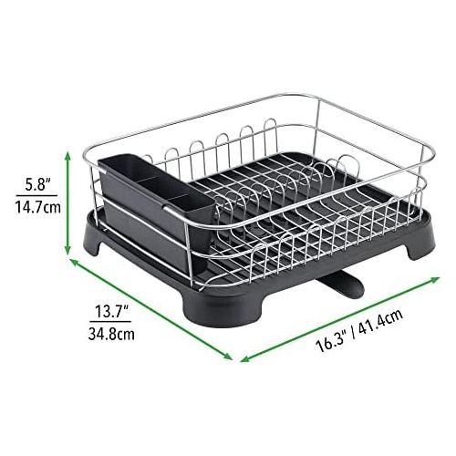  mDesign Large Kitchen Countertop, Sink Dish Drying Rack with Removable Cutlery Tray and Drainboard with Adjustable Swivel Spout - 3 Pieces, Silver Wire/Black Plastic Cutlery Caddy