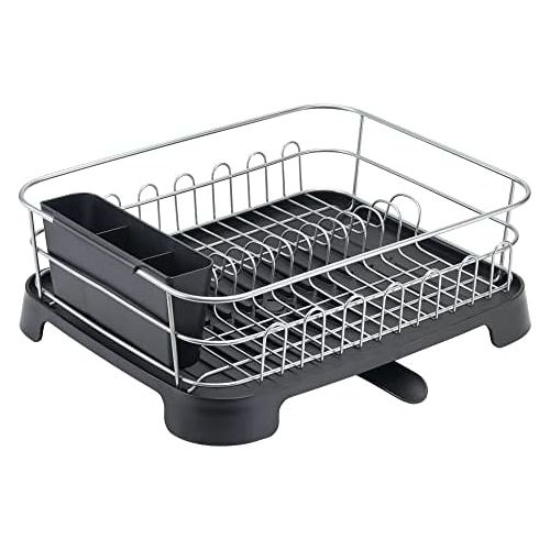  mDesign Large Kitchen Countertop, Sink Dish Drying Rack with Removable Cutlery Tray and Drainboard with Adjustable Swivel Spout - 3 Pieces, Silver Wire/Black Plastic Cutlery Caddy