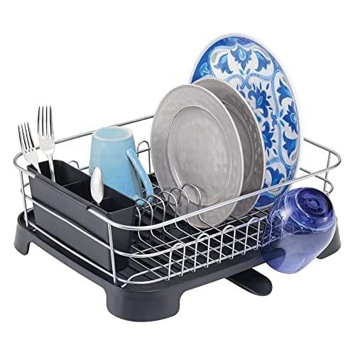  mDesign Large Kitchen Countertop, Sink Dish Drying Rack with Removable Cutlery Tray and Drainboard with Adjustable Swivel Spout - 3 Pieces, Silver Wire/Black Plastic Cutlery Caddy