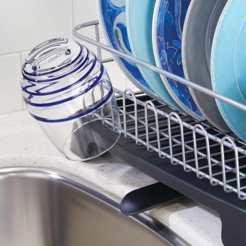  mDesign Large Kitchen Countertop, Sink Dish Drying Rack with Removable Cutlery Tray and Drainboard with Adjustable Swivel Spout - 3 Pieces, Silver Wire/Black Plastic Cutlery Caddy