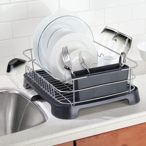  mDesign Large Kitchen Countertop, Sink Dish Drying Rack with Removable Cutlery Tray and Drainboard with Adjustable Swivel Spout - 3 Pieces, Silver Wire/Black Plastic Cutlery Caddy