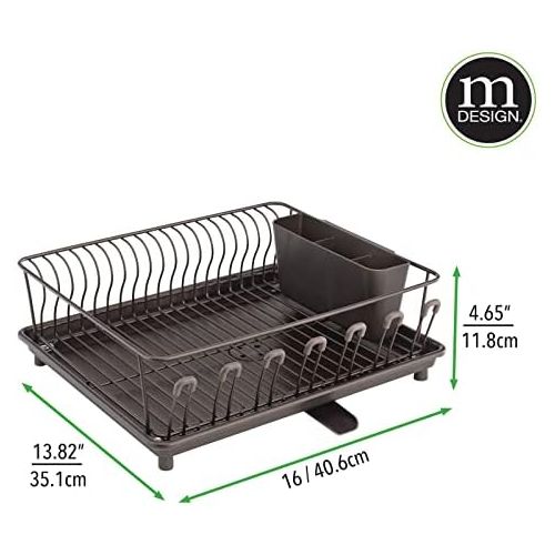  mDesign Large Metal Wire Kitchen Countertop, Sink Dish Drying Rack - Removable Plastic Cutlery Tray, Drainboard with Adjustable Swivel Spout - 3 Pieces - Satin/Clear Frost