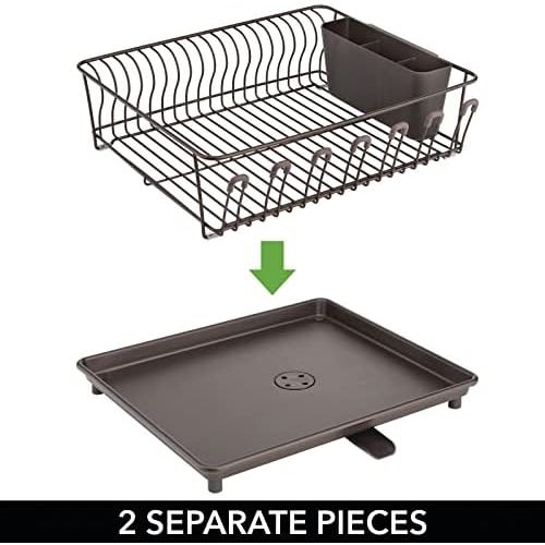  mDesign Large Metal Wire Kitchen Countertop, Sink Dish Drying Rack - Removable Plastic Cutlery Tray, Drainboard with Adjustable Swivel Spout - 3 Pieces - Satin/Clear Frost