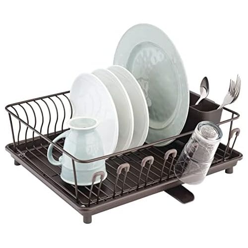  mDesign Large Metal Wire Kitchen Countertop, Sink Dish Drying Rack - Removable Plastic Cutlery Tray, Drainboard with Adjustable Swivel Spout - 3 Pieces - Satin/Clear Frost