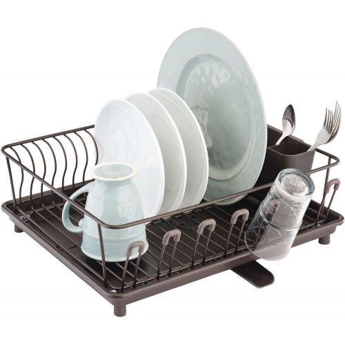  mDesign Large Metal Wire Kitchen Countertop, Sink Dish Drying Rack - Removable Plastic Cutlery Tray, Drainboard with Adjustable Swivel Spout - 3 Pieces - Satin/Clear Frost