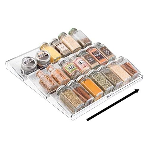  mDesign Expandable Plastic Deluxe Spice Rack, Drawer Organizer for Kitchen Cabinet Drawers - 3- Tier Slanted for Spice Jar, Food Seasoning Bottle Storage, Easy Install - Ligne Coll