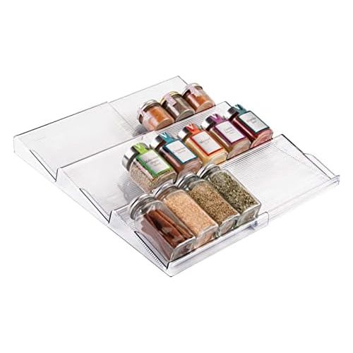  mDesign Expandable Plastic Deluxe Spice Rack, Drawer Organizer for Kitchen Cabinet Drawers - 3- Tier Slanted for Spice Jar, Food Seasoning Bottle Storage, Easy Install - Ligne Coll