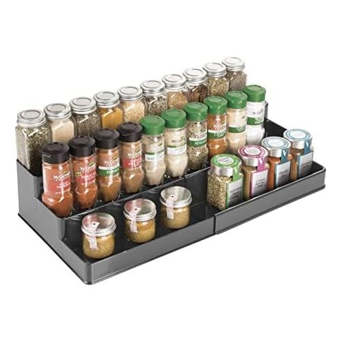  mDesign Plastic Adjustable, Expandable Kitchen Cabinet, Pantry, Shelf Organizer/Spice Rack with 3 Tiered Levels of Storage for Spice Bottles, Jars, Seasonings, Baking Supplies - Ch