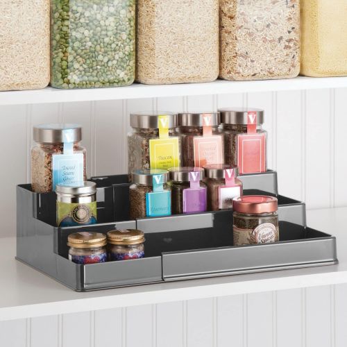  mDesign Plastic Adjustable, Expandable Kitchen Cabinet, Pantry, Shelf Organizer/Spice Rack with 3 Tiered Levels of Storage for Spice Bottles, Jars, Seasonings, Baking Supplies - Ch