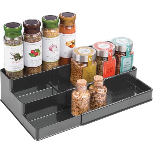  mDesign Plastic Adjustable, Expandable Kitchen Cabinet, Pantry, Shelf Organizer/Spice Rack with 3 Tiered Levels of Storage for Spice Bottles, Jars, Seasonings, Baking Supplies - Ch