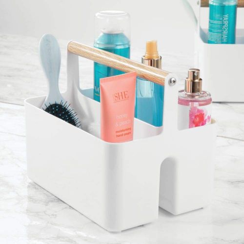  MDesign mDesign Plastic Portable Storage Organizer Utility Caddy Tote, Divided Basket Bin with Wood Handle for Bathroom, Dorm Room, Holds Hand Soap, Body Wash, Shampoo, Conditioner, Lotion