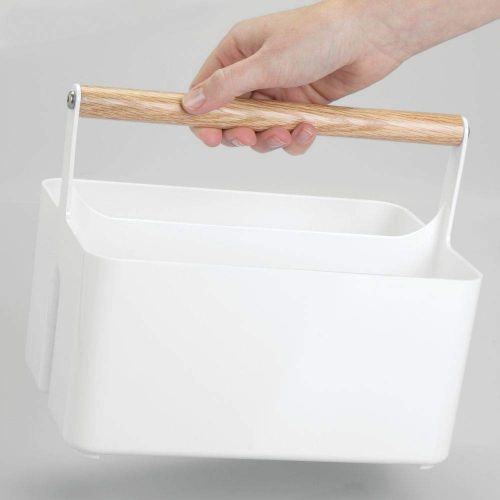  MDesign mDesign Plastic Portable Storage Organizer Utility Caddy Tote, Divided Basket Bin with Wood Handle for Bathroom, Dorm Room, Holds Hand Soap, Body Wash, Shampoo, Conditioner, Lotion