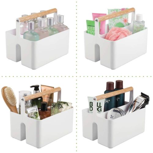  MDesign mDesign Plastic Portable Storage Organizer Utility Caddy Tote, Divided Basket Bin with Wood Handle for Bathroom, Dorm Room, Holds Hand Soap, Body Wash, Shampoo, Conditioner, Lotion