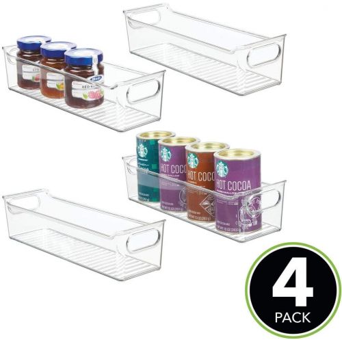  mDesign Slim Plastic Kitchen Pantry Cabinet, Refrigerator or Freezer Food Storage Bin with Handles - Organizer for Fruit, Yogurt, Snacks, Pasta - BPA Free, 14 Long, 4 Pack - Clear