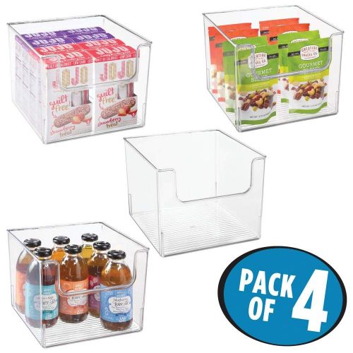  mDesign Plastic Open Front Food Storage Bin for Kitchen Cabinet, Pantry, Shelf, Fridge/Freezer - Organizer for Fruit, Potatoes, Onions, Drinks, Snacks, Pasta - 10 Wide, 4 Pack - Cl