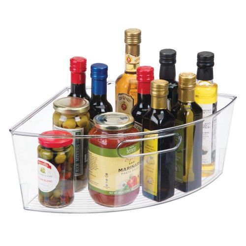  MDesign mDesign Kitchen Cabinet Plastic Lazy Susan Storage Organizer Bins with Front Handle - Large Pie-Shaped 1/4 Wedge, 6 Deep Container - Food Safe, BPA Free, 4 Pack - Clear