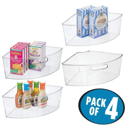  MDesign mDesign Kitchen Cabinet Plastic Lazy Susan Storage Organizer Bins with Front Handle - Large Pie-Shaped 1/4 Wedge, 6 Deep Container - Food Safe, BPA Free, 4 Pack - Clear
