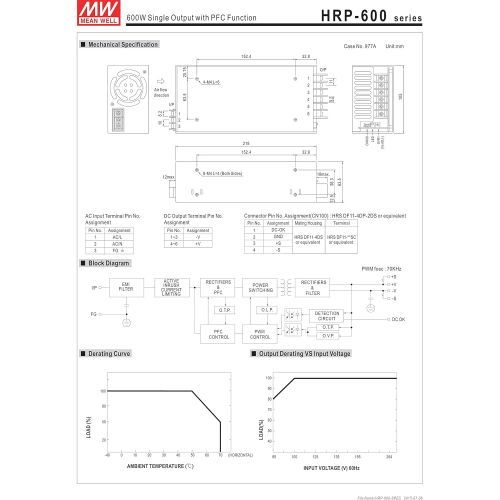  MEAN WELL Mean Well HRP-600-24 Power Supply, Single Output, Enclosed, 24 Volt, 27 Amp, 648 Watt, 8.6 L x 4.1 L x 2.5 H, Silver