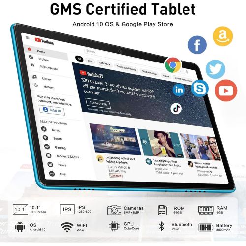  [아마존베스트]Android 10.0 Tablet : MEBERRY 10 Ultra-Fast 4GB/RAM,64GB/ROM Tablets-8000mAh Battery-WiFi Support - Bluetooth Keyboard | Mouse | M7 Tablet Cover and More Include - Blue