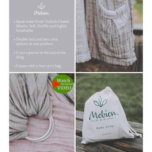  MEBIEN. TOUCHE DE LA NATURE… Baby Wrap Carrier Ring Sling-Luxury Extra Soft Turkish Cotton Muslin Grey Rose
