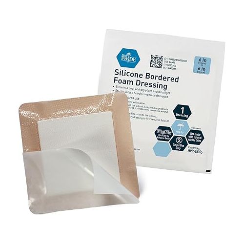  MED PRIDE Silicone Bordered Foam 6’’ x 6’’ Wound Dressing Pads- 10 Pack-Trauma Bandaging for Ulcers, Post Op Wounds, Injuries- Adhesive, Individually Wrapped-Sterile