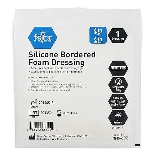  MED PRIDE Silicone Bordered Foam 6’’ x 6’’ Wound Dressing Pads- 10 Pack-Trauma Bandaging for Ulcers, Post Op Wounds, Injuries- Adhesive, Individually Wrapped-Sterile