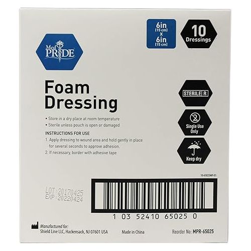  MED PRIDE Foam Dressings -10 Pack, 6'' x 6'' - Sterile, Hydrophilic, Highly Absorbent- Soft, Non-Adhesive Pads, Waterproof Dressing for Wound Care & Ulcers, Post Op Trauma + Injuries