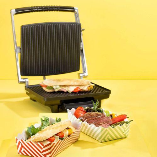  MEDION MD 16832 Kontaktgrill/Panini Grill (1.800 Watt, Antihaftbeschichtung, Temperaturkontrolle, OEl-Auffangschale, UEberhitzungsschutz) Silber-schwarz