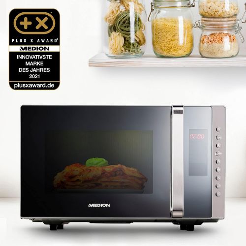  MEDION 3-in-1 Mikrowelle mit Grill und Heissluft Funktion, 800 Watt Leistung, 1200 Watt Obergrill-/Heissluftleistung, 23L, MD17495, silber