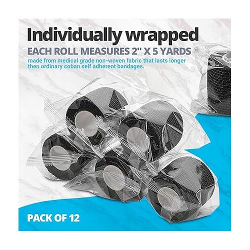  Self-Adherent Cohesive Bandage - 12 Pack Bulk | Black Self-Adhering Medical Wrap | 2