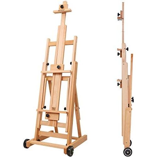  MEEDEN Versatile Studio H-Frame Easel - All Media Adjustable Beech Wood Studio Easel, Painting Floor Easel Stand, Movable and Tilting Flat Available, Holds Canvas Art up to 77