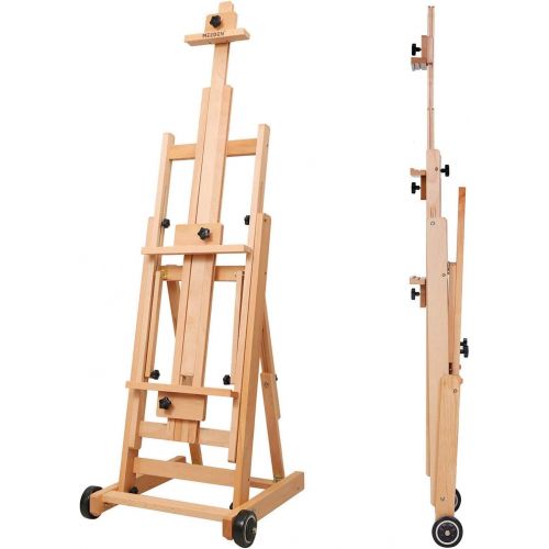  MEEDEN Versatile Studio H-Frame Easel - All Media Adjustable Beech Wood Studio Easel, Painting Floor Easel Stand, Movable and Tilting Flat Available, Holds Canvas Art up to 77