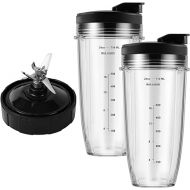 Blender Replacement Parts for Ninja, 24oz Ninja Blender Cups with To-Go Lids, 7 Fins Extractor Blade, Compatible with Nutri Ninja Auto iQ Blenders BL2012 BN801 BL480-30 BL640-30 BL642-30 NN100-30