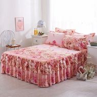 MEILA BERTERI Cotton Elegant Queen Size Bed Skirt Luxury Pink Flowers Print Wedding Decoration Faldones Fashion Modern Bedding Decoration Set with 2 Pillow Case