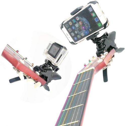  MEINUOKE Combo Camera and Cell Phone Music Mount - Ukelele Guitar Headstock Mobile Phone Clamp Clip Mount for Smartphones and Gopro Action Cameras ~ Close Up Home Recording - Work for Any M
