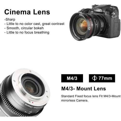  MEKE 12mm T2.2 Large Aperture Manual Focus Low Distortion 4K Mini Cine Lens for Micro Four Thirds M43 MFT Olympus Panasonic Lumix BMPCC 4K Zcam E2