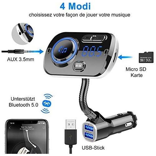  [아마존베스트]-Service-Informationen FM Transmitter Bluetooth 5.0 Car Radio Bluetooth Adapter 7 Colours Music Player Car Kit with Hands-Free Function and 2 USB Ports Charger Supports USB Drive/TF Card/AUX