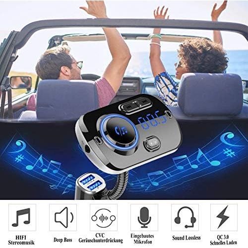  [아마존베스트]-Service-Informationen FM Transmitter Bluetooth 5.0 Car Radio Bluetooth Adapter 7 Colours Music Player Car Kit with Hands-Free Function and 2 USB Ports Charger Supports USB Drive/TF Card/AUX