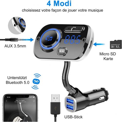  [아마존베스트]-Service-Informationen FM Transmitter Bluetooth 5.0 Car Radio Bluetooth Adapter 7 Colours Music Player Car Kit with Hands-Free Function and 2 USB Ports Charger Supports USB Drive/TF Card/AUX