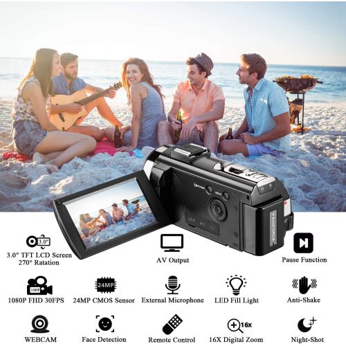  Video Camera Camcorder MELCAM 1080P 30FPS 24MP 3.0 Inch Screen Digital Camera with Microphone and Remote Control and 2 Rechargeable Batteries and Webcam Recorder