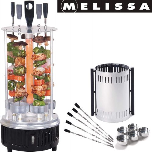  Melissa 16360017 Vertikaler Tischgrill fuer Doener, Schaschlik, Gemuese, Hahnchen, Gyros oder Doenerspiesse Dreh-Grill mit Schutzgitter inklusive 5 Spiesse,Glasfiber Heizroehre, 1000 Watt