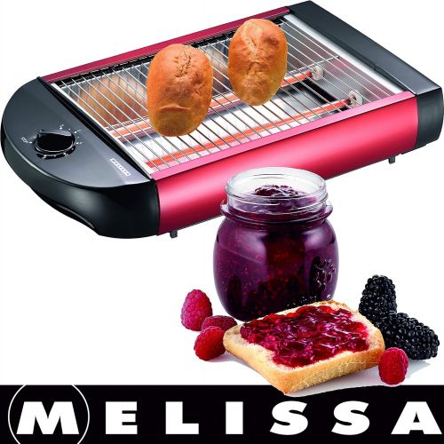  Melissa 16140124 Flachtoaster,Flach-Toaster, Tischroester,Tisch Roester, Edelstahl Design,Broetchen,Baquette,Fluetes,600 Watt Power Leistung,Ruecklauf Timer,Kruemelschublade, Rot Metall