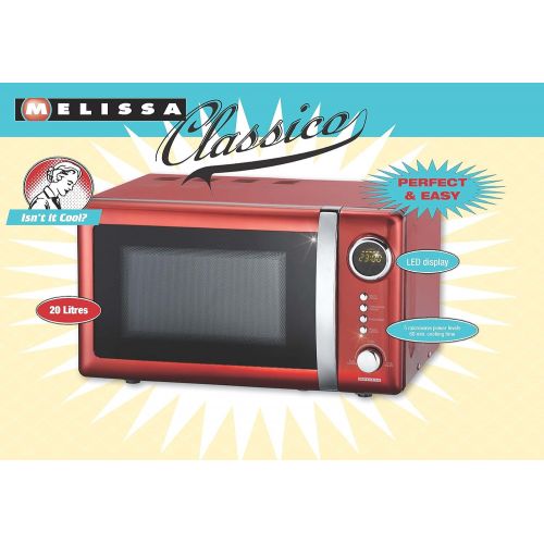  MELISSA 16330109 Classico Mikrowelle Mikrowellenofen Retro-Design Metall-Gehause, 20 Liter Garraum, 700 Watt Mikrowellenleistung, Timer, 5 Leistungsstufen, Rot Metallic, 25, 6 x 45