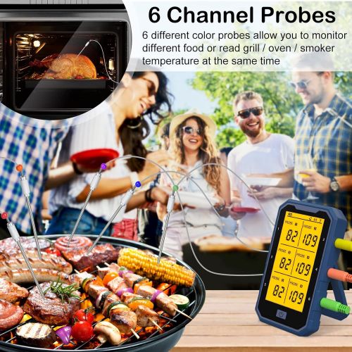  MELOPHY Bluetooth Meat Thermometer, Rechargeable Wireless BBQ Thermometer, 6 Probes Digital Cooking Thermometer for Oven Grill, Smart APP Control for Grilling, Smoker, Kitchen, Cake, Suppo