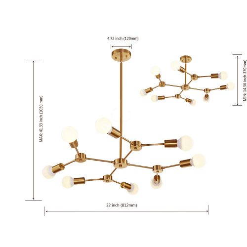  MELUCEE Brass Sputnik Chandeliers 8-Light Mid Century Modern Light Semi Flush Mount Ceiling Light Fixtures for Dining Room Kitchen Living Room Foyer and Hallway UL Listed