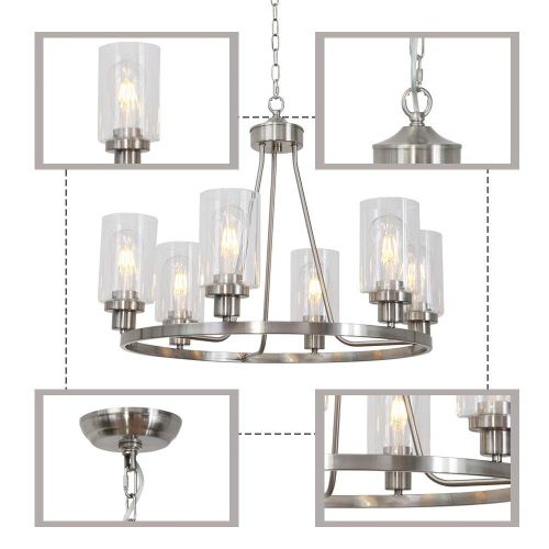  MELUCEE 6 Lights Round Chandelier Brushed Nickel Island Lighting Dining Room Lighting Fixtures Hanging Glass Pendant Light for Kitchen Living Room Bedroom UL Listed