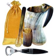 [아마존베스트]MENTHOME Game of Thrones Inspired Engraved Medieval Norse Style Polished Drinking Horn Mug - with Horn Shot Glass | Bottle Opener | Golden Gift Bag | Large Horn Spoon | 20 Oz. (GOT